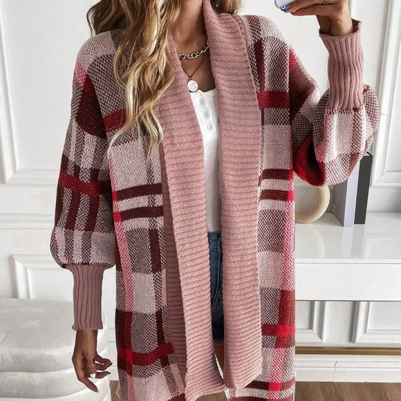 Multicolor Casual Womens Plaid Pattern Lantern Sleeve Duster Cardigan - Picture 4 of 5